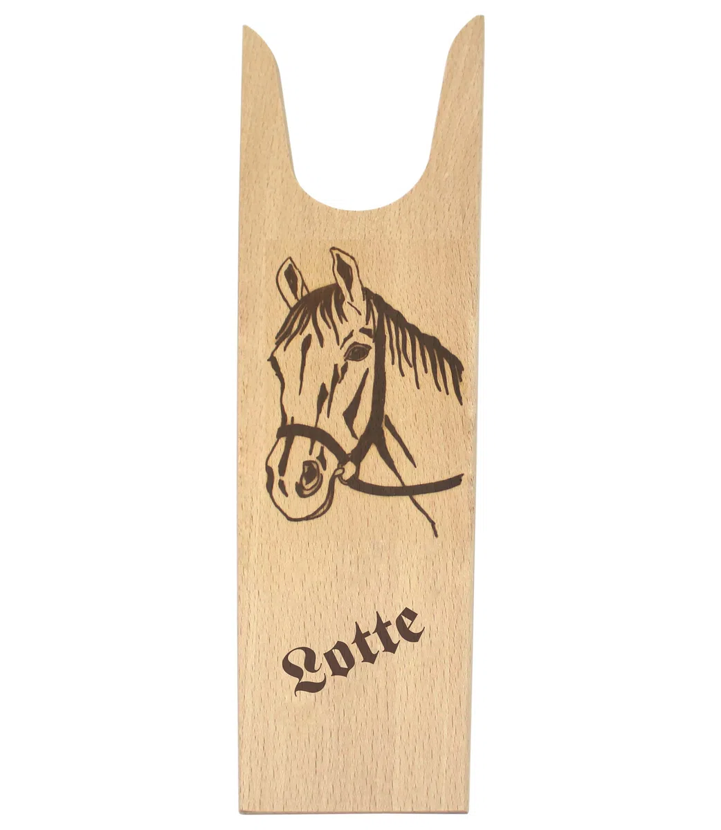 Stiefelknecht mit Pferd Motiv und Gravur - personalisiert mit Name! Ausziehhilfe für Reitstiefel, Cowboystiefel, Gummistiefel und sonstige Schuhe - der Stiefelauszieher für Kinder und Erwachsene