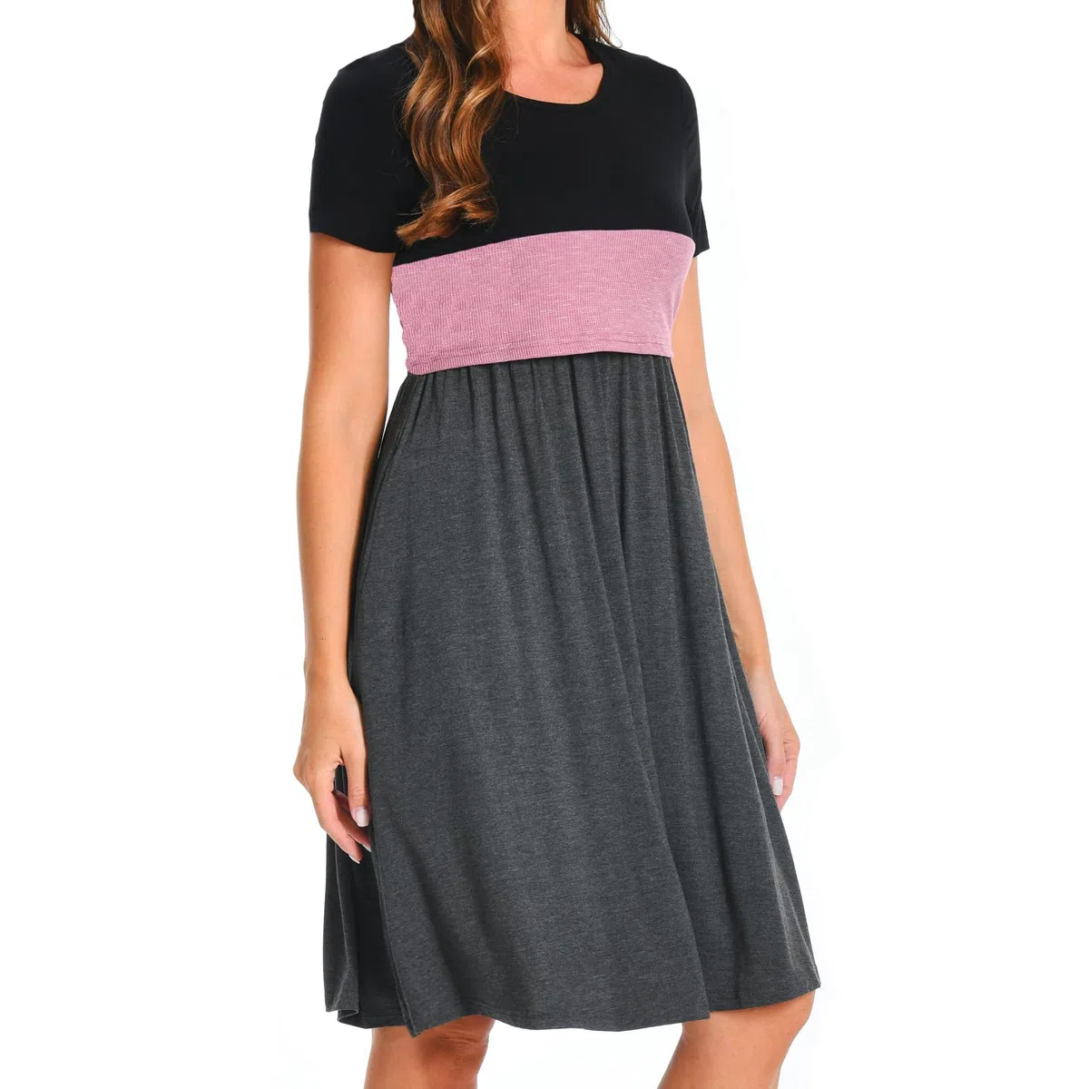Bearsland Women’s Short Sleeve Nursing Dress Patchwork Breastfeeding Dress with Pocket