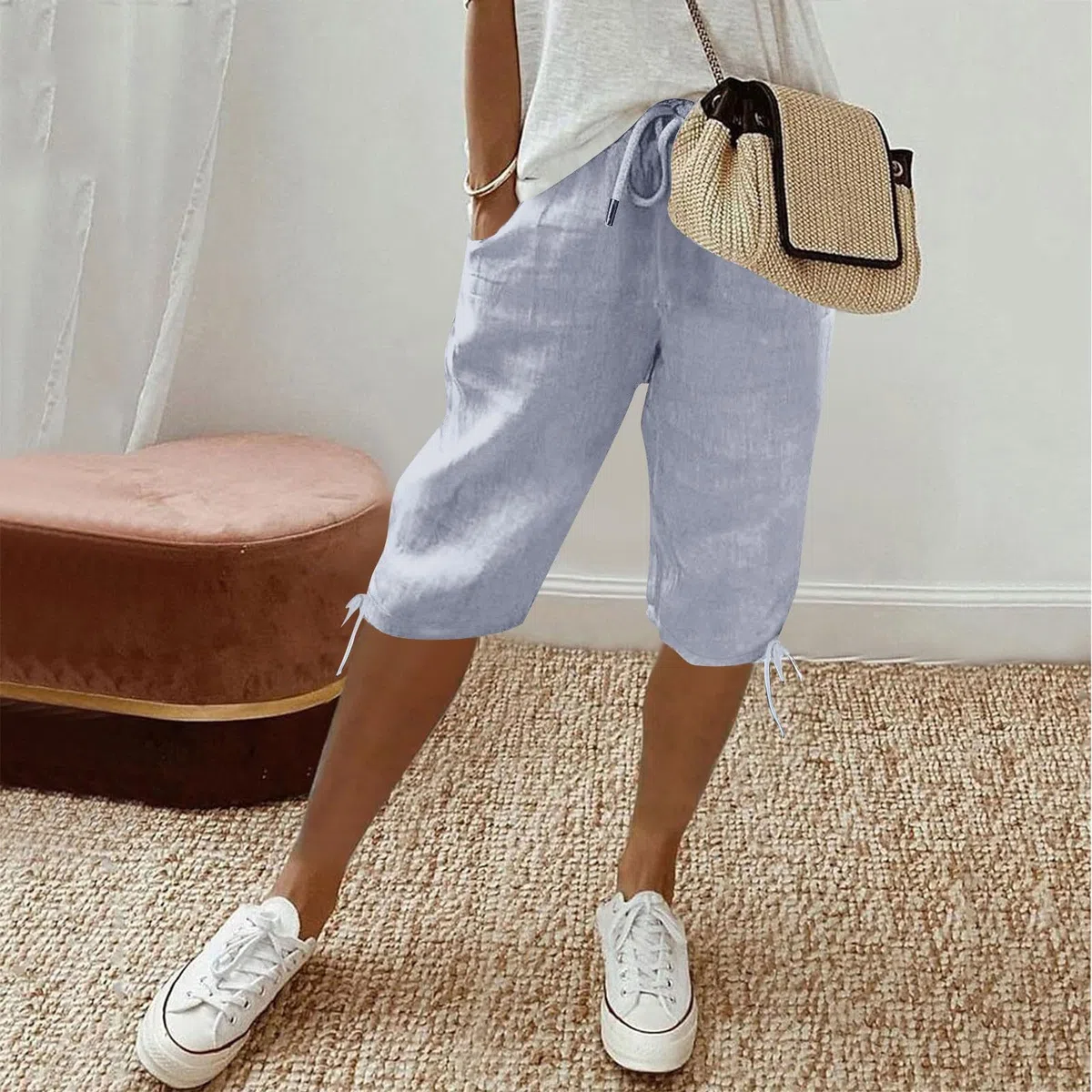 Bermuda Shorts Damen Freizeit Sport Sommerhose mit Taschen Leinenhose Stoffhose Lässig Elastische Taille Strandshorts