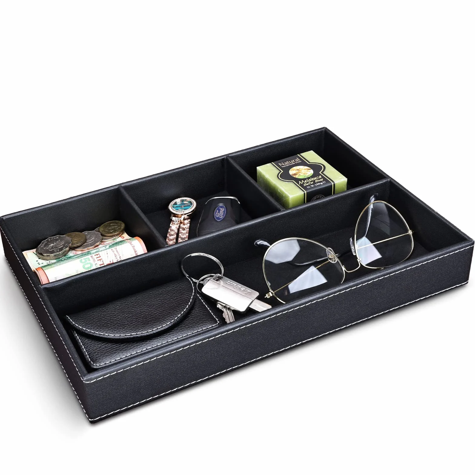 GORESE Valet Tablett, Leder Büro Schublade Schreibtisch Aufbewahrungsbox, Nachttisch Ablageschale, Taschenleerer Organizer Box Stiftablagen für Schlüssel, Schreibwaren, Münzen, Schmuck (Schwarz)