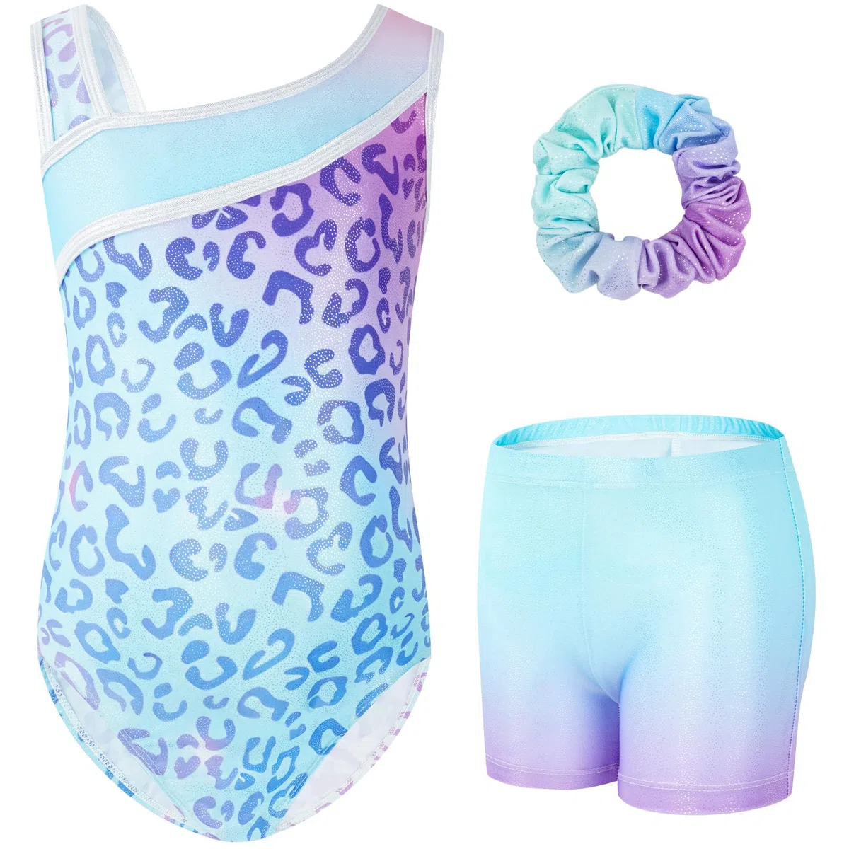 Gogokids Mädchen Drei Teiliges Gymnastikset, Y-Hals Ärmelloser Leotard mit Shorts und Haarband, Ballett Tanzender Leotard Gymnastikoutfit mit Blauem & Purpurfarbenem Farbblockdesign, 3-12 Jahre