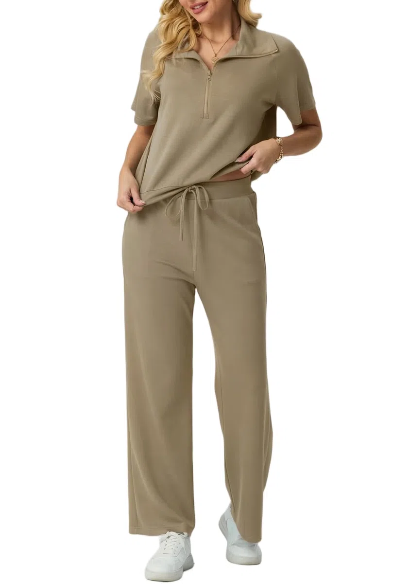 GRECERELLE Jogginganzug Trainingsanzug Damen Sommer Lässige Zweiteiler Outfits Tracksuit Kurzarm V Neck Halb Zip Tops und Jogginghosen Trainingsanzüge mit Taschen