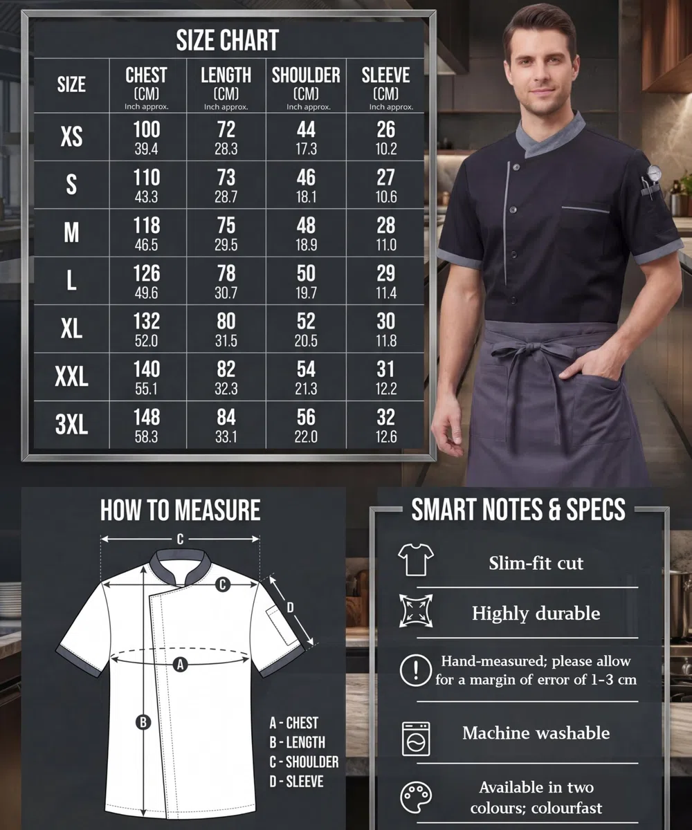 Kochjacke Kurzarm für Herren Bauwolle Kochbekleidung Professional Kochjacke mit Tasche Chef Uniform Bäckerjacke Unisex mit Knöpfe