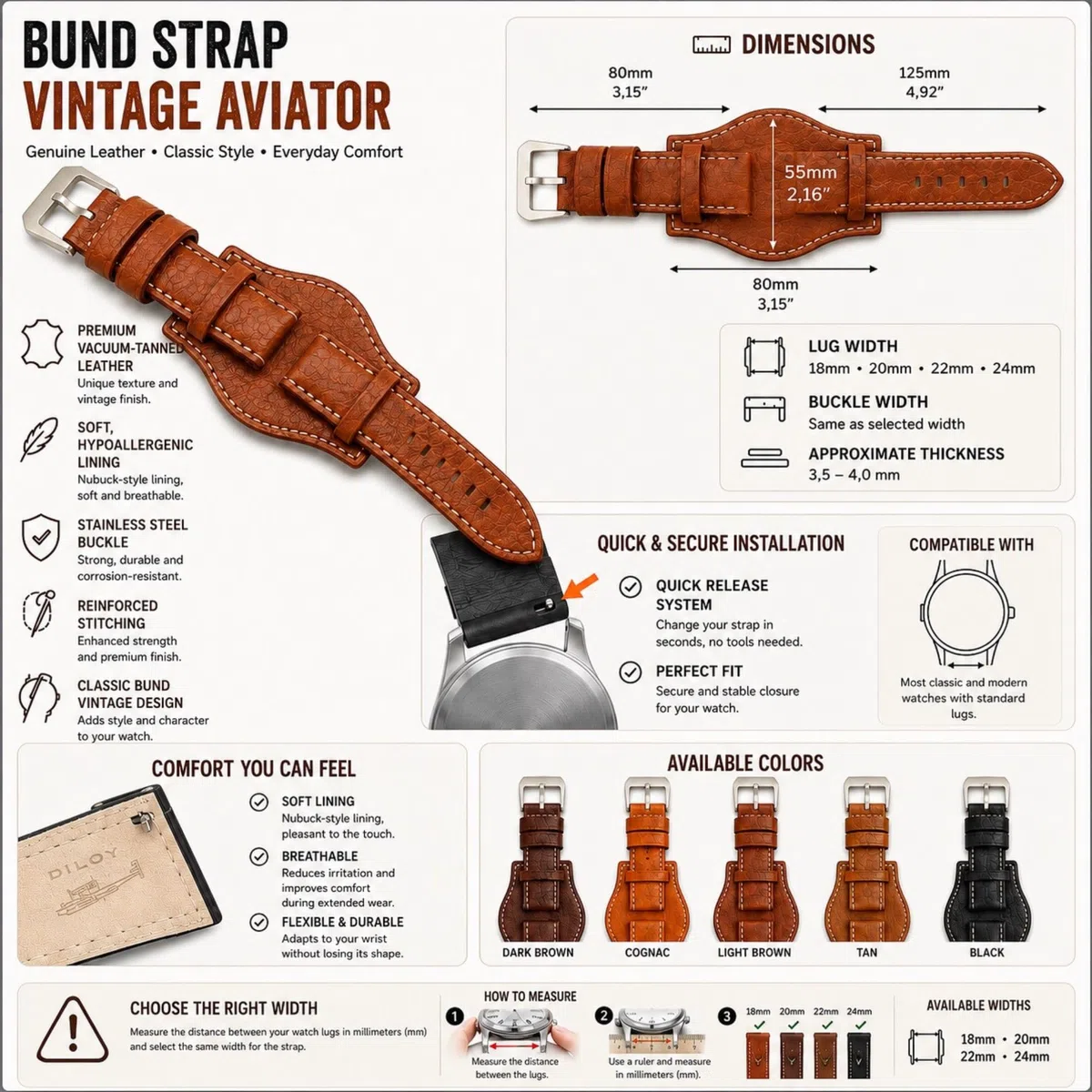 Uhrenarmband aus Leder Bison-Gravur Bund kompatibel mit Fossil CH2592 CH2564 CH2565 CH2891CH3051 18mm 20mm 22mm 24mm Ref 386