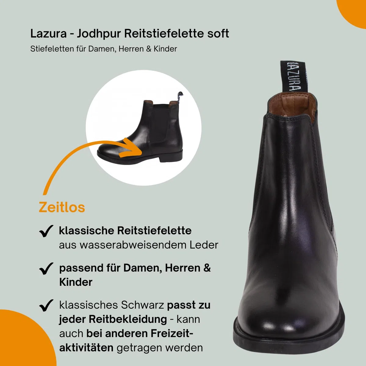 Lazura - Jodhpur Reitstiefelette Basic Plus | Kinder, Herren & Damen Stiefeletten mit Elastikeinsatz & Pull-On | schwarze Chelsea Boots aus Leder | Reitschuhe in Größe 28-46