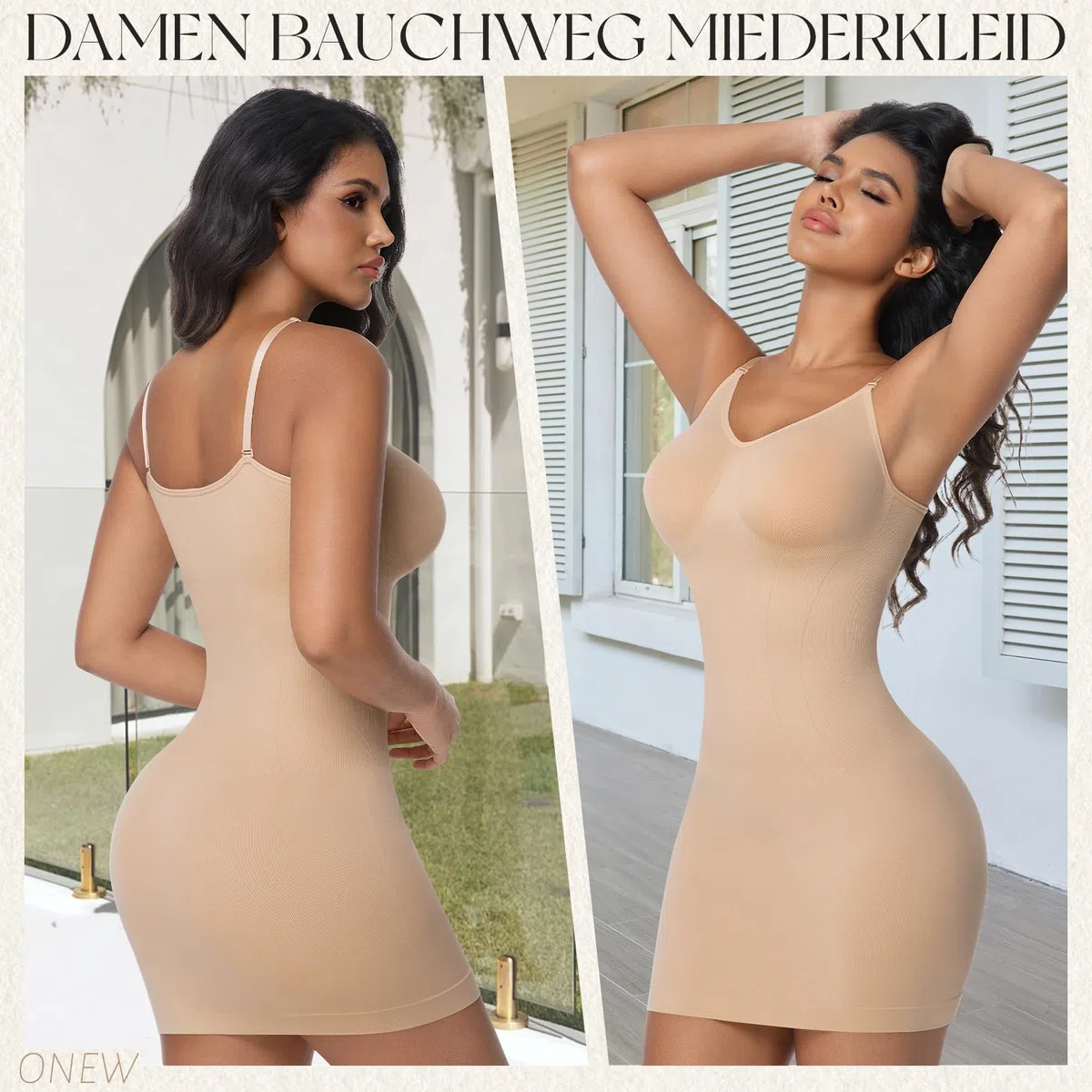 ONEW Bauchweg Shapewear Miederkleid Damen Nahtlose Unterkleid Taillenforme Formkleid Tummy Control Shaping Full Slip Beige XL