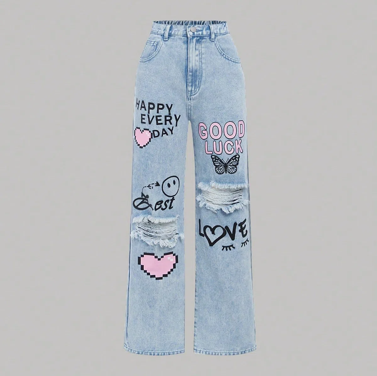 Baggy Jeans Mädchen Y2k Druck Zerrissene Jeanshose mit Taschen Weite Bein Hip Hop Grafik Denim Hosen für Kinder Mädchen Hohe Taille Weiche Freizeithose