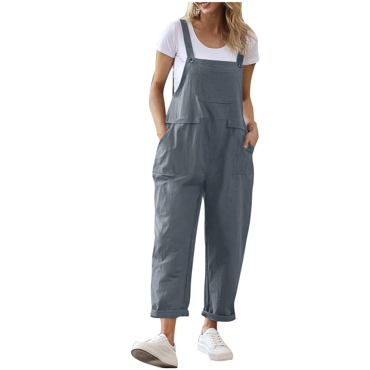 Latzhose Damen Baumwolle Leinen Jumpsuit mit Träger Oversize Sommer Ärmellos Overall Baggy Musselin Arbeitshose Leichter Sommerhose mit Mehreren Taschen Atmungsaktiver Einfarbig Bib Pants