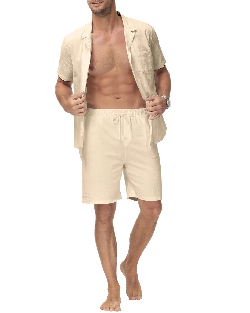 YAOHUOLE Leinen Hemd und Hose Set Herren Kurzarm Leinen Hose & Hemd Herren Kurzarm Sommer Universal Fit
