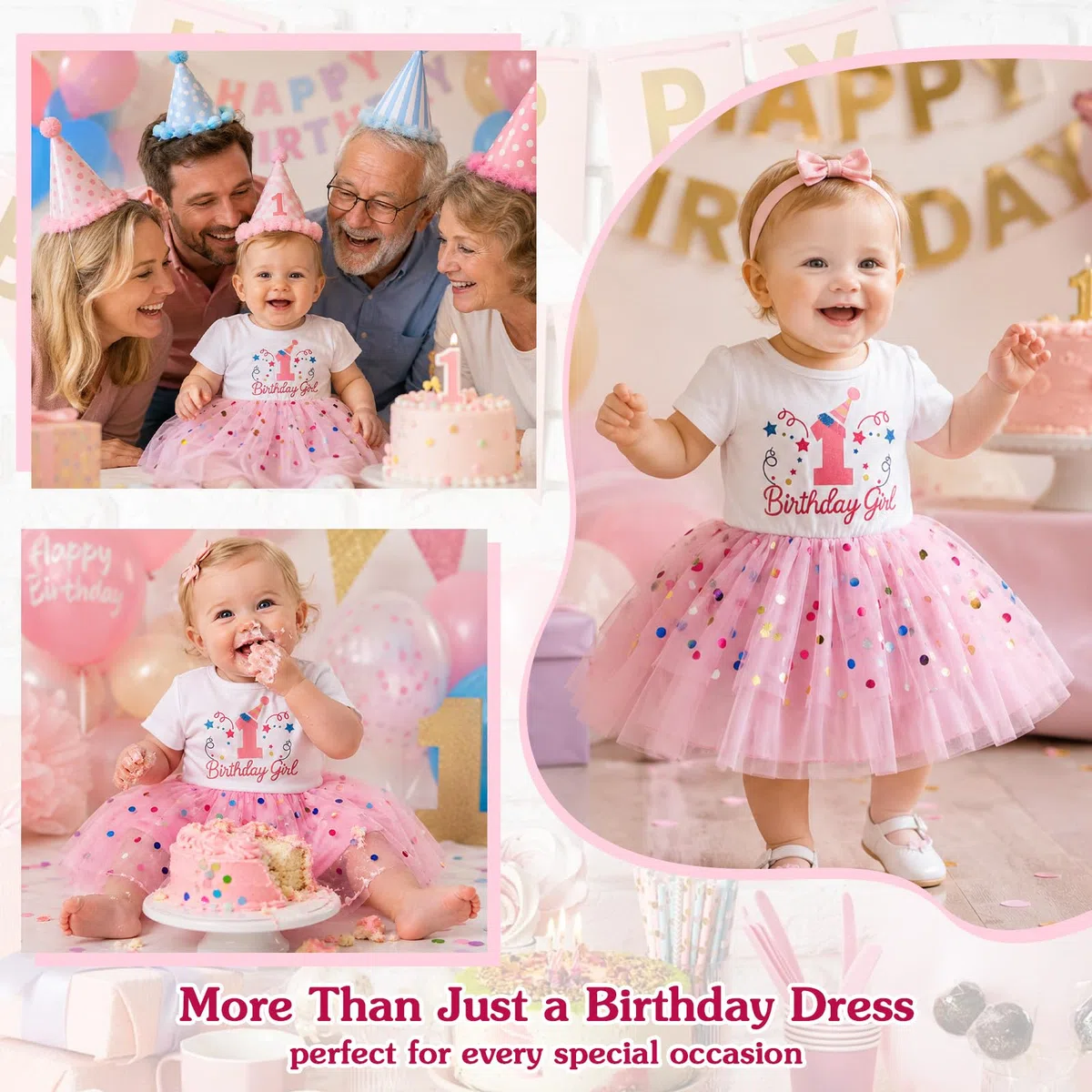 Baby Mädchen Geburtstags Outfit Glitzer Birthday Girl Bodykleid mit gepunktetem Tüllrock Cake Smash Outfit für Fotos