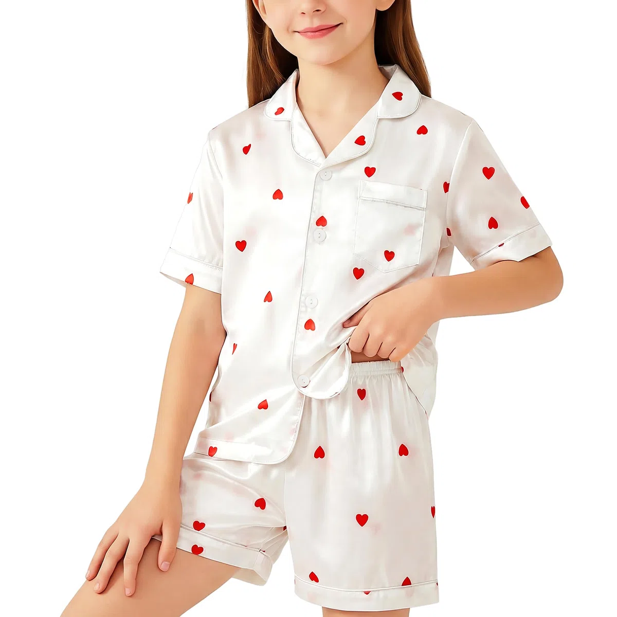 Mädchen Jungen Satin Schlafanzug-Set Kinder Kurz Oberteil und Elastischer Bund Hosen 2-Teilig Nachtwäsche Weich Leicht Knopfleiste Pyjama Alltag Loungekleidung für Alter 8–13