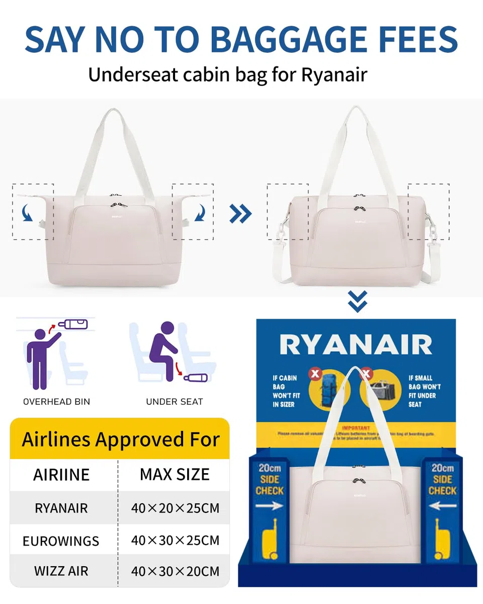 ECOHUB für Ryanair Handgepäck Tasche 40x20x25, Perfekt für Neue Ryanair 40x30x20 Faltbare Reisetasche für Flugzeug, Recycelt Travel Ryan air Bag 40x20x25 Mit Abnehmbar Nass-Tasche für Damen(Beige)