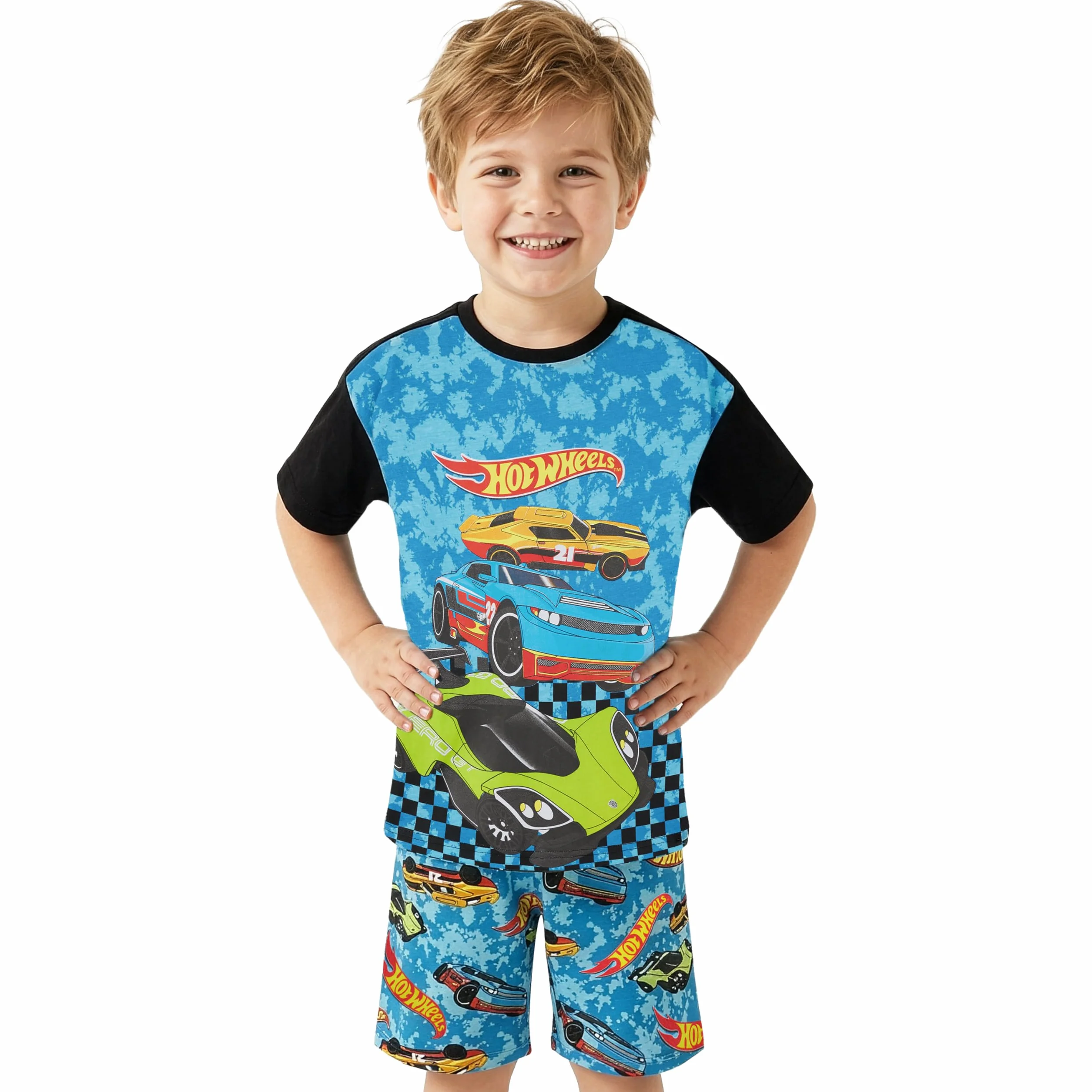 Hot Wheels Pyjama Jungen 2-6 Jahre, 2-Teilig Baumwolle Kurz Schlafanzug Kinder mit Kurzarm T-Shirt, Sommer Nachtwäsche, Geschenke für Kinder