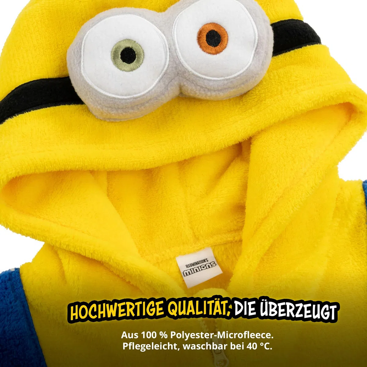 United Labels Minions Kostüm für Kinder, Gelb Blau, Jumpsuit Unisex, Overall mit Kapuze, Einteiler für Karneval Mottoparty