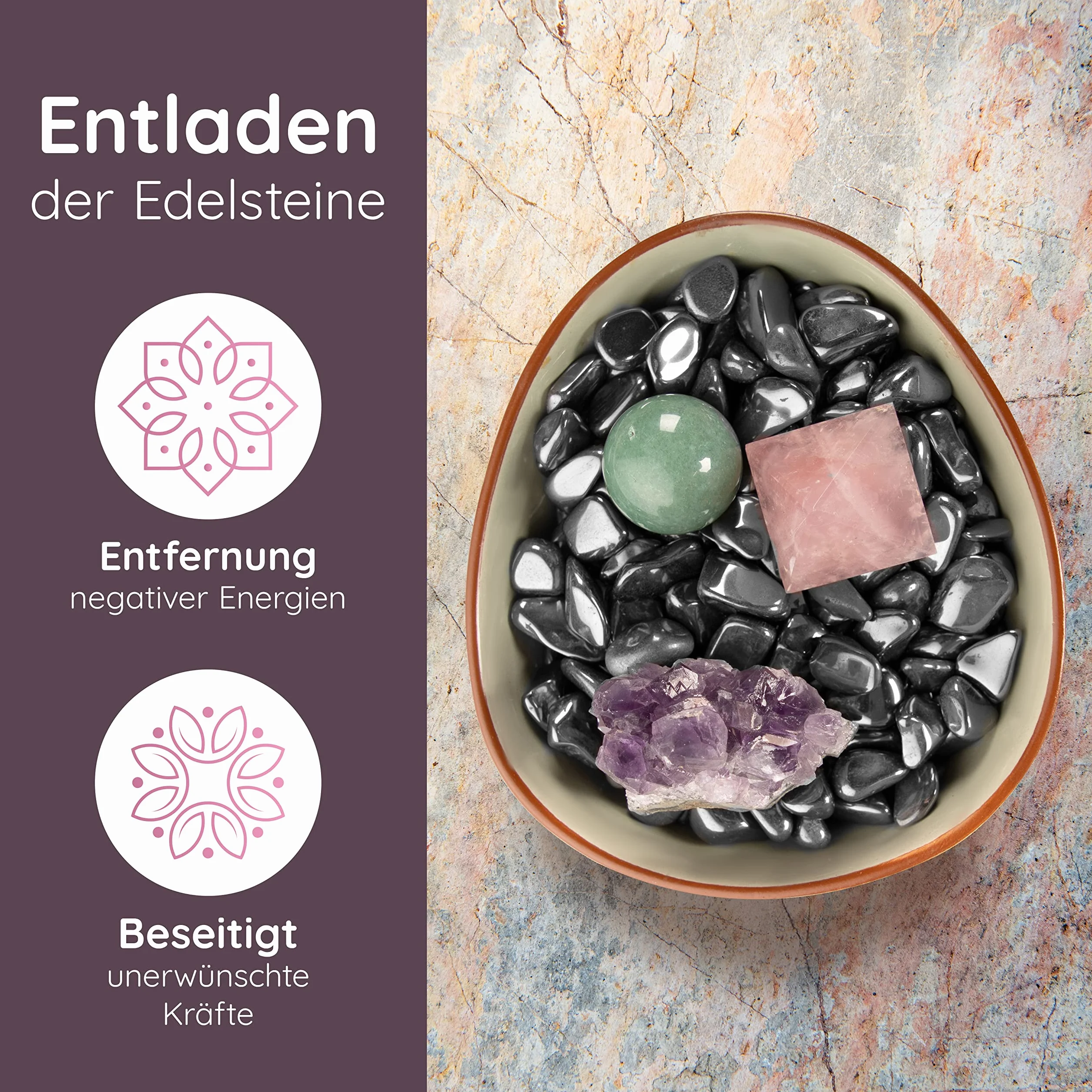 PURAJA Ladesteine und Entladesteine | Premium Hämatit und Bergkristall | 100% echte Edelsteine | Handverlesene Mischung | Zum Laden und Entladen von Edelsteinen, Heilsteinen, Trommelsteinen