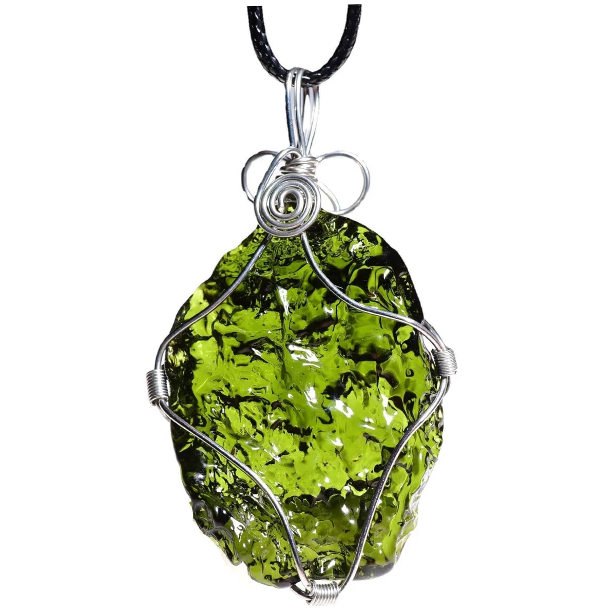 Moldavit-Halskette mit Seil mit Draht umwickelte Moldavit-Kristall-Halskette aus Glas heilende Meteoriten-Stein-Halskette Weltraum-Schmuck für Frauen und Männer