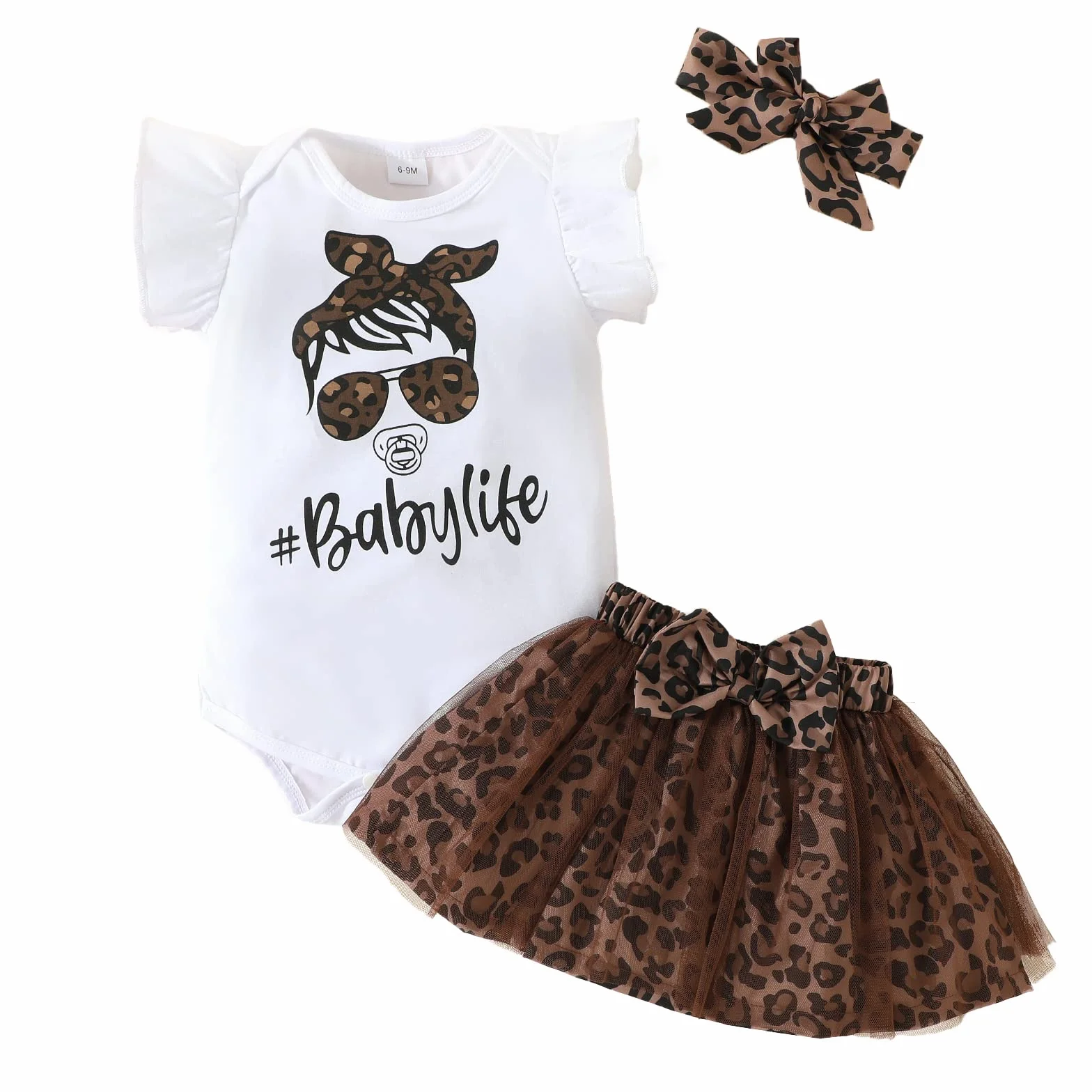 Baby Kleidung Mädchen Sommer Outfit, T-Shirt Rüschen Kurzarm Top + Leopardenmuster Netz Rock + Stirnband 3tlg Neugeborenen Set Bekleidungsset Babykleidung Set für 0-24 Monate