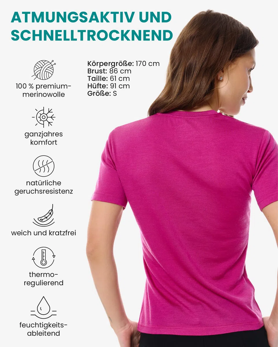 Merino.tech 100% Merino Shirt Damen Wandern - Merinowolle Tshirt Damen Kurzarm - Sport Thermo Unterhemd - Natürlich Weich Unterwäsche (Medium, Royal Fuchsia Crewneck)