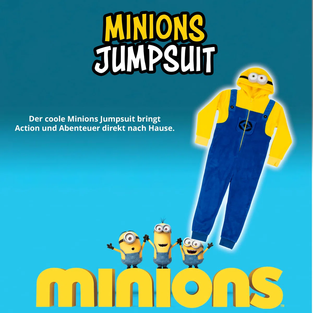 United Labels Minions Kostüm für Kinder, Gelb Blau, Jumpsuit Unisex, Overall mit Kapuze, Einteiler für Karneval Mottoparty