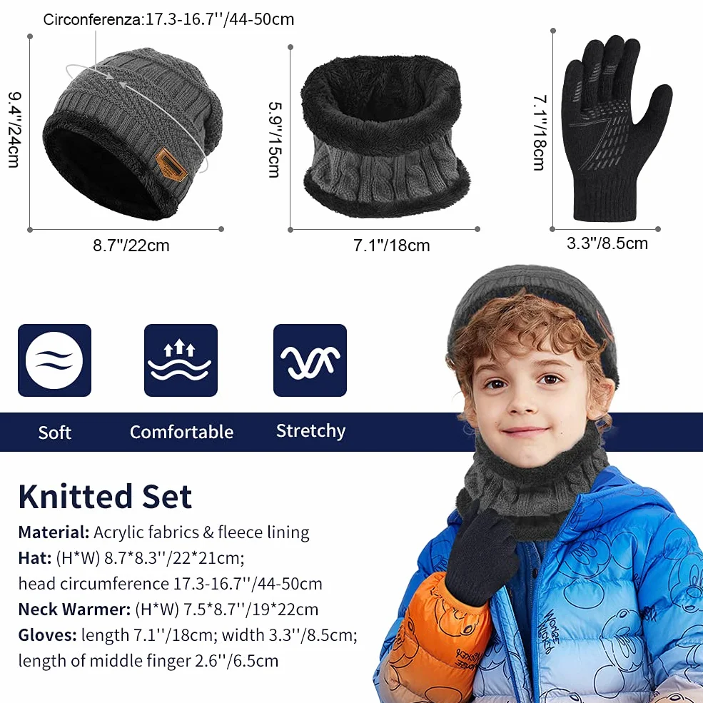 Kinder Wintermütze Schal Handschuhe Set - Beanie Strickmütze Winterschal Thermo Touchscreen Handschuhe | Fleecefutter Warme Knit Hut Loop Schal Rutschfeste | Für Junge Mädchen 5-10 Jahre