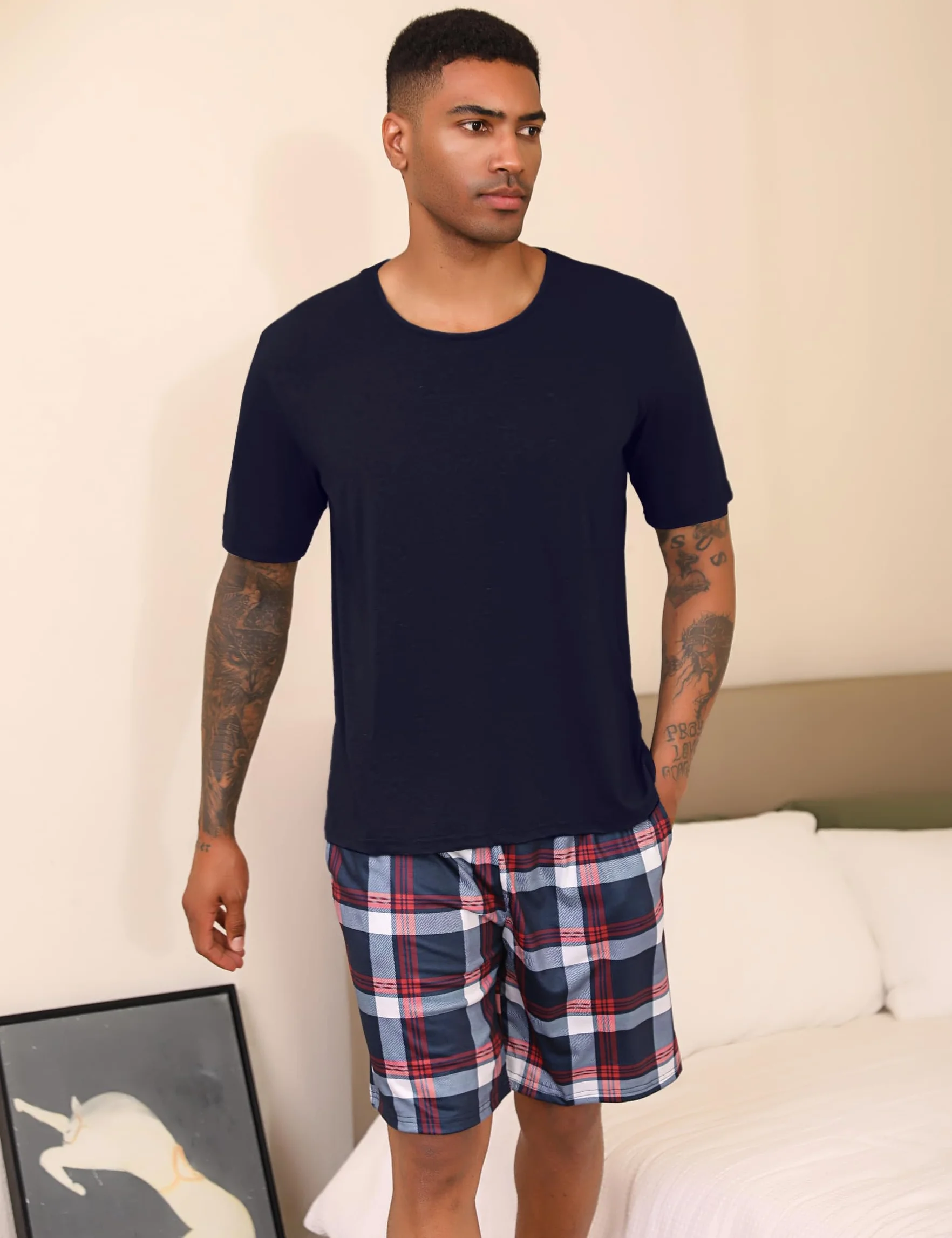 Uniexcosm Schlafanzug Herren Baumwolle Kurz Zweiteiliger Pyjama Set Nachtwäsche Kurzarm Oberteil und Karierte Schlafanzughose Hausanzug Sleepwear