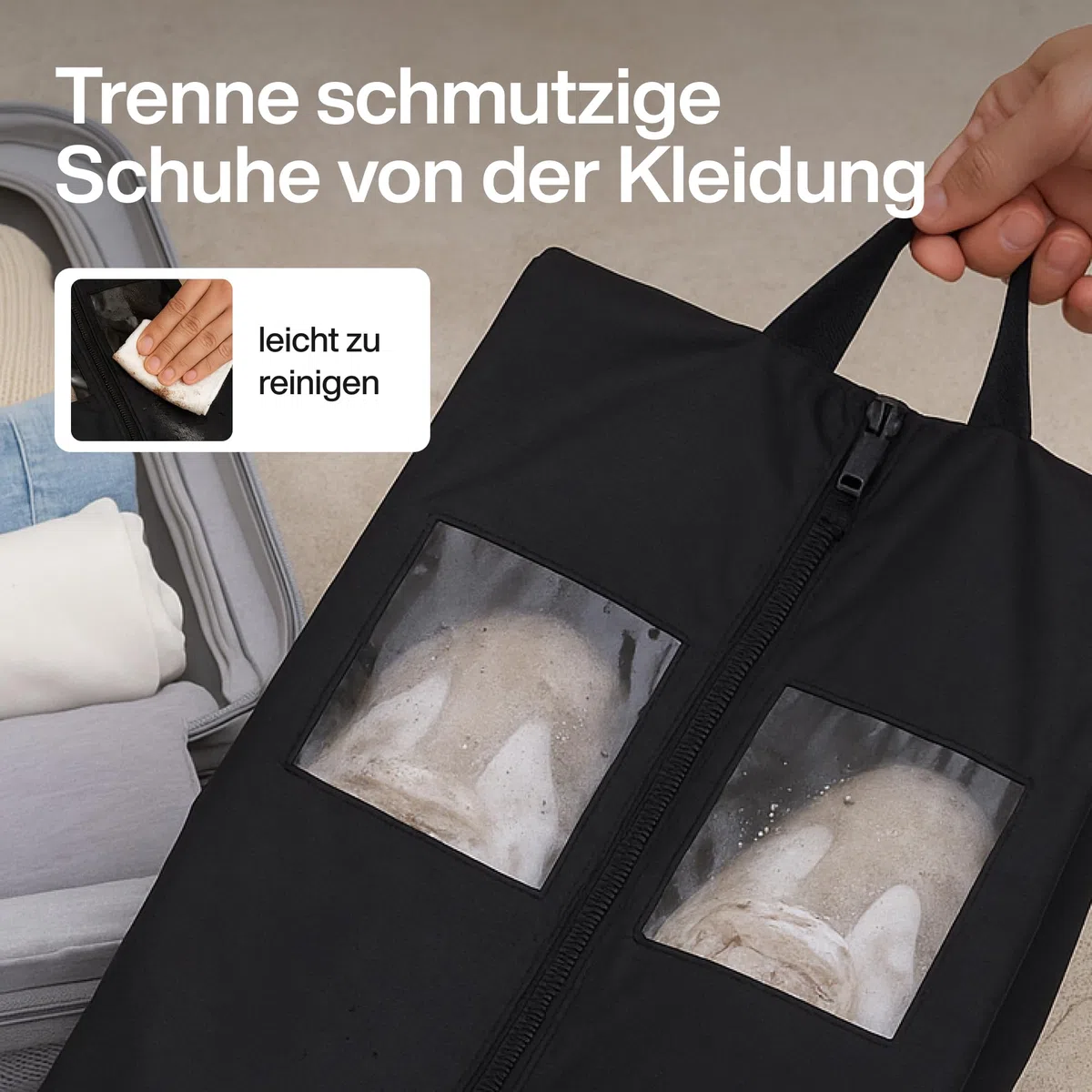 TRAVEL DUDE Schuhtaschen 2er Set | schwarz | mit transparentem Fenster | wasserabweisend, Ultraleicht & staubdicht | Schuhbeutel für kleine & große Schuhgrößen | zum Aufbewahren im Koffer
