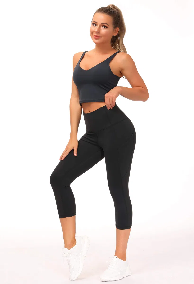 THE GYM PEOPLE Hoch taillierte Capri-Yoga Leggings mit Taschen 3/4-Länge für Damen, Bauchkontroll-Yogahose für Sport und Laufen