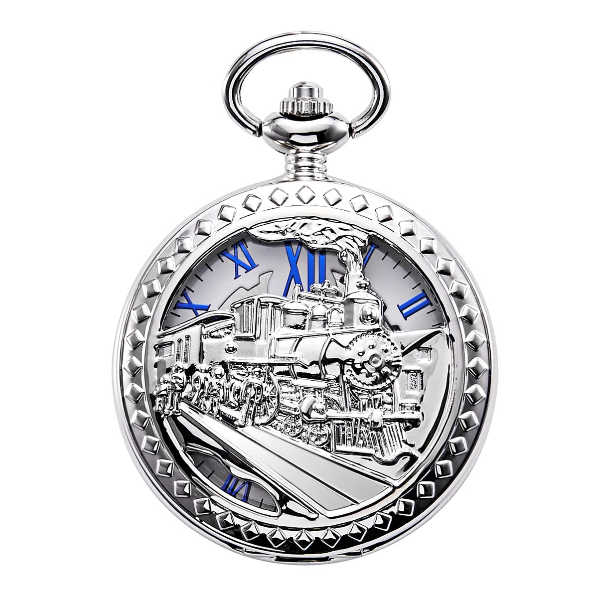 TREEWETO Antique Mens Pocket Watch Skeleton Mechanical Hollow Bronze Case 3D Steam Train Railroad Roman Numerals