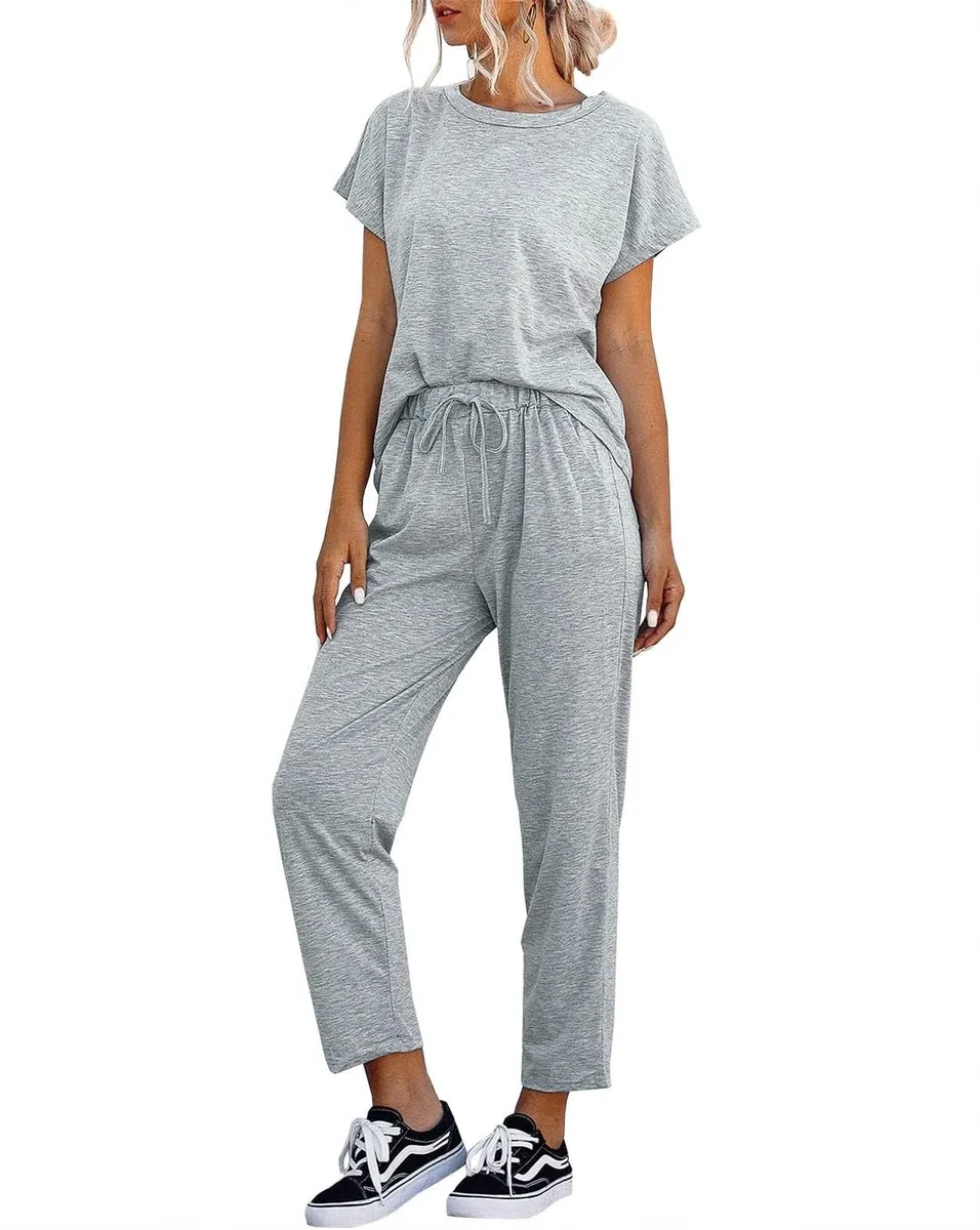 Cicy Bell Damen Zweiteiler Set Kurzarm Rundhals Jogginganzug Streetwear Trainingsanzug mit Kordelzug und Tasche