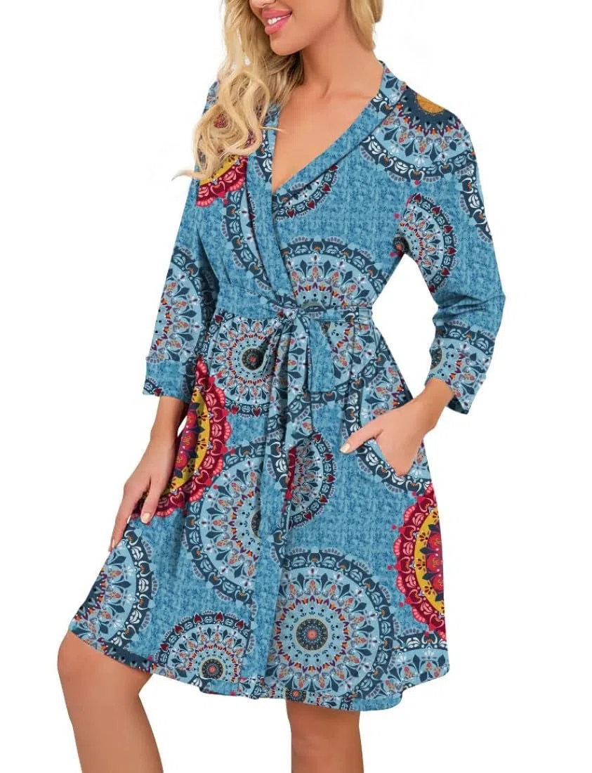 PrinStory Bademantel Für Damen Leichter 3/4 Ärmeln Morgenmantel Kimono Roben Kurz Nachtwäsche