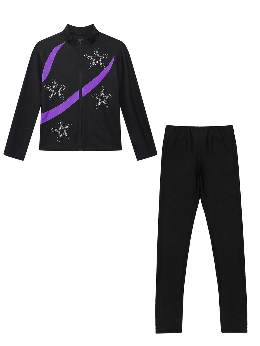 Mädchen Sport Set Eiskunstlauf Anzug Glitzer Jacke + Eislaufhose Leggings Trainingsanzug Sportanzug Tanzanzug
