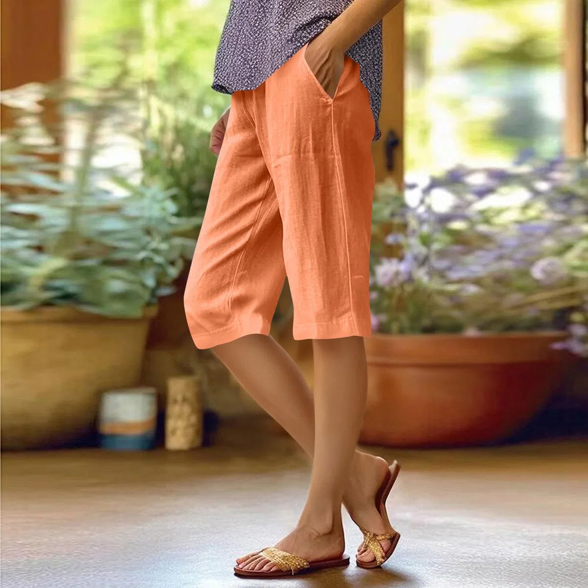 Damen Baumwolle Leinen Bermuda Shorts Sommer Casual Elastic High Waisted Knee Length Loose Beach Shorts mit Taschen