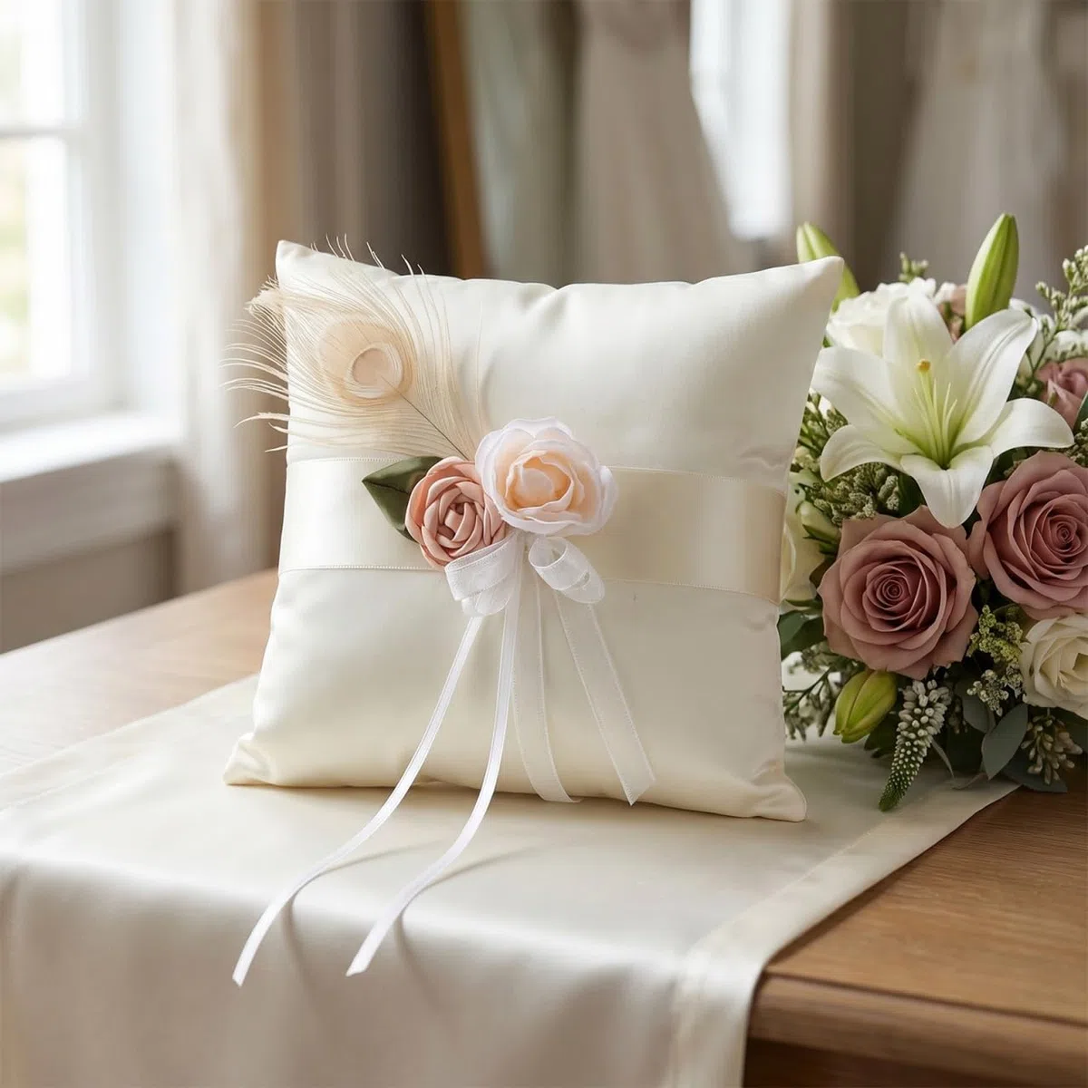 CLISPEED Satin Ringkissen zur Hochzeit Kleines Florales Ringhalter Kissen aus Weichem Satin Brautringkissen für Zeremonie und Schmuck