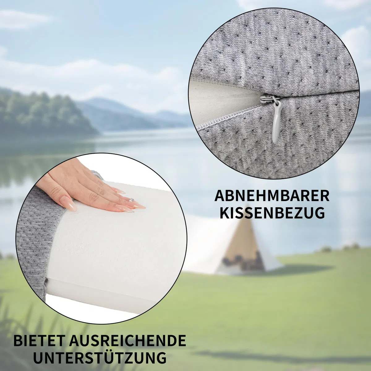 Reisekissen Memory Foam, Reisekopfkissen, Camping Kissen mit Packsack, Ideal für Auto, Flugzeug und Rucksackreisen, Kleines Kissen 42x24x12 cm, mit Waschbarem Kissenbezug