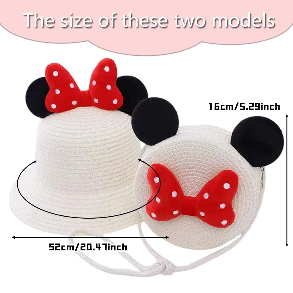 Mädchen Strohhut und Umhängetaschen Set mit Maus Ohren Visier Sonnenhut Mädchen Sommerhut Strandhut für den Urlaub Reise Outdoor Aktivitäte für 4-8-Jährige
