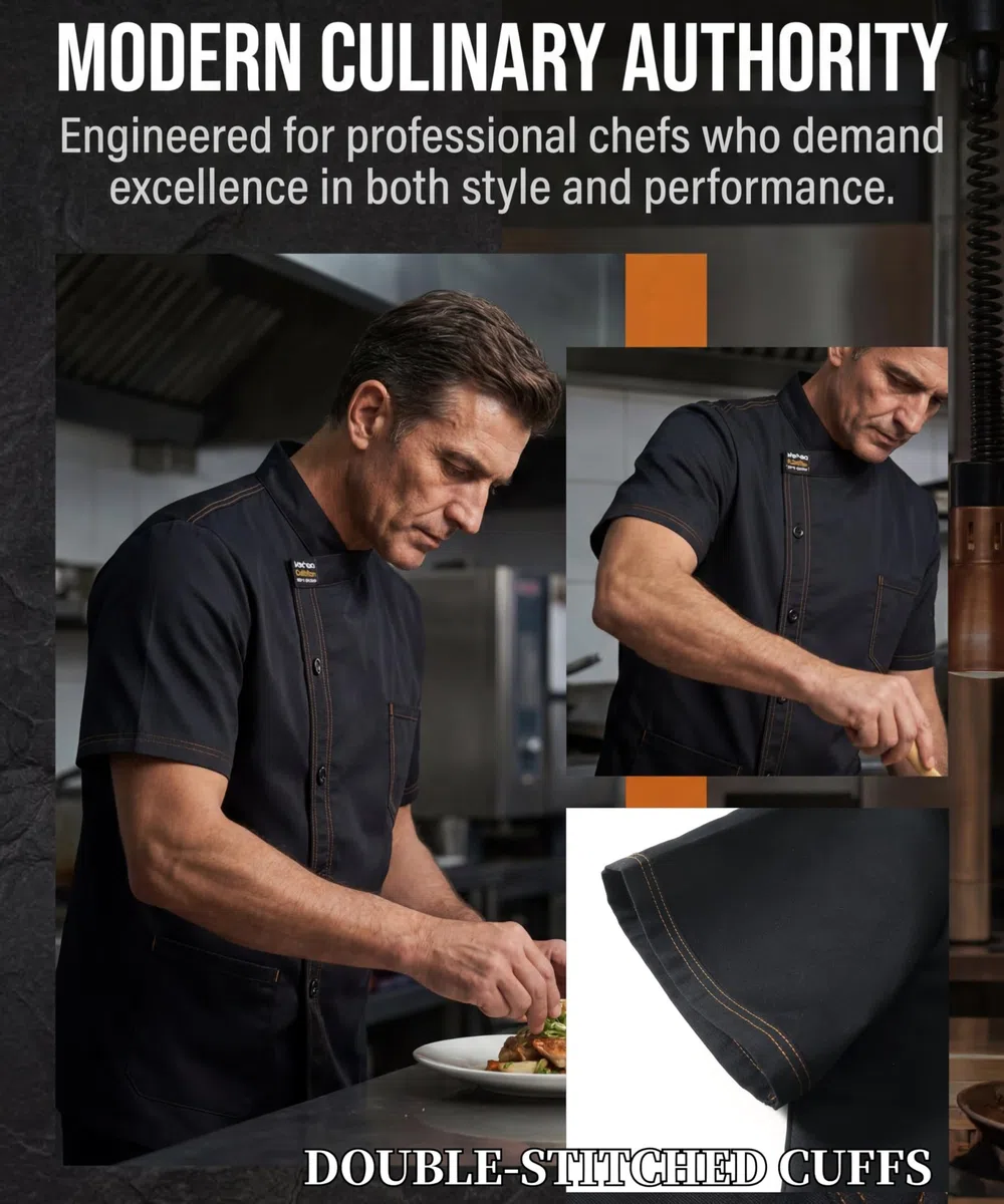 Herren Kochjacke Kurzarm Slim Fit Kochbekleidung Unisex Chef Uniform Professional Kochjacke Modern Style Chef Cafe Bäckerjacke