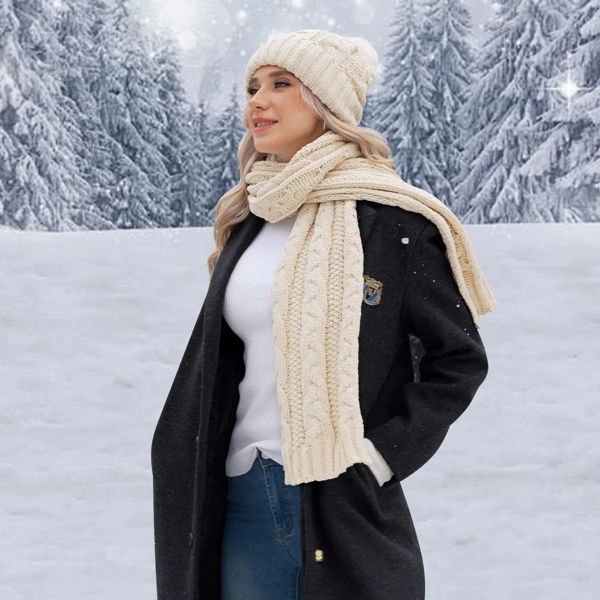 ILovDaisy Mütze, Schal & Handschuh-Sets für Damen Winter, Beanie Gestrickte Wintermütze mit Bommel, Thermo Winterhandschuhe Touchscreen, Warme Kuschelige Schal Winterset