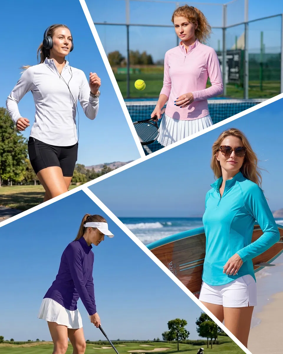 Damen UV-Schutz Shirt Langarm, UPF 50+ Sonnenschutz mit 1/4 Reißverschluss, Schnelltrocknend für Wandern Laufen Golf