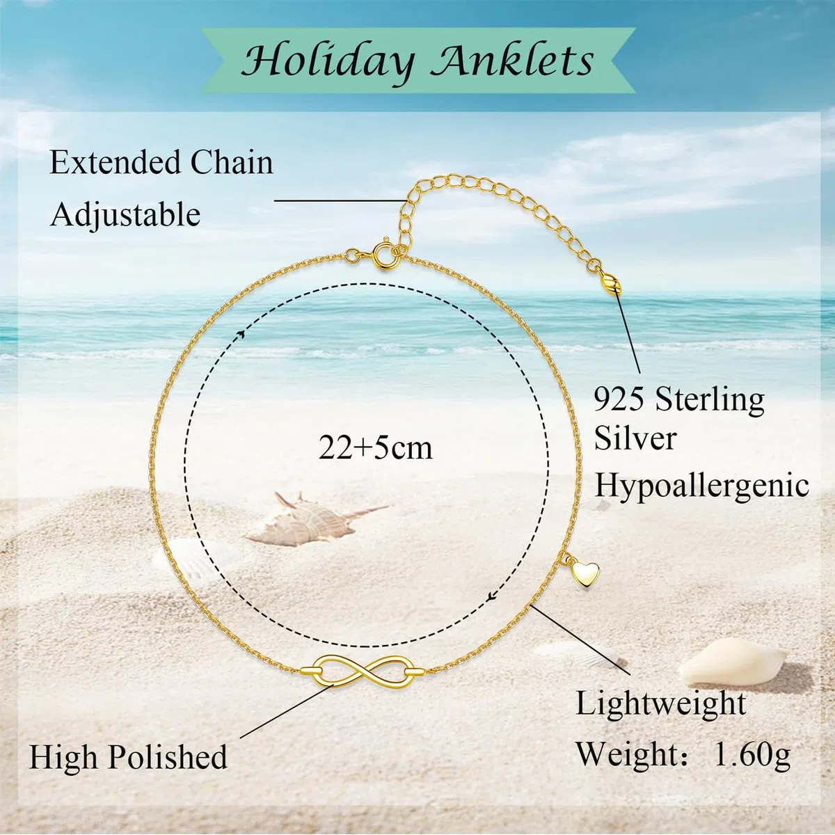 Fussketten für Frauen Sillber, Infinity Herz/Herz Fußkette, 925 Sterling Silber Fußkettchen für Damen, Sommer Strand Knöchel Armband Fußspange, Wasserfest Fußschmuck Verstellbar -22+5cm