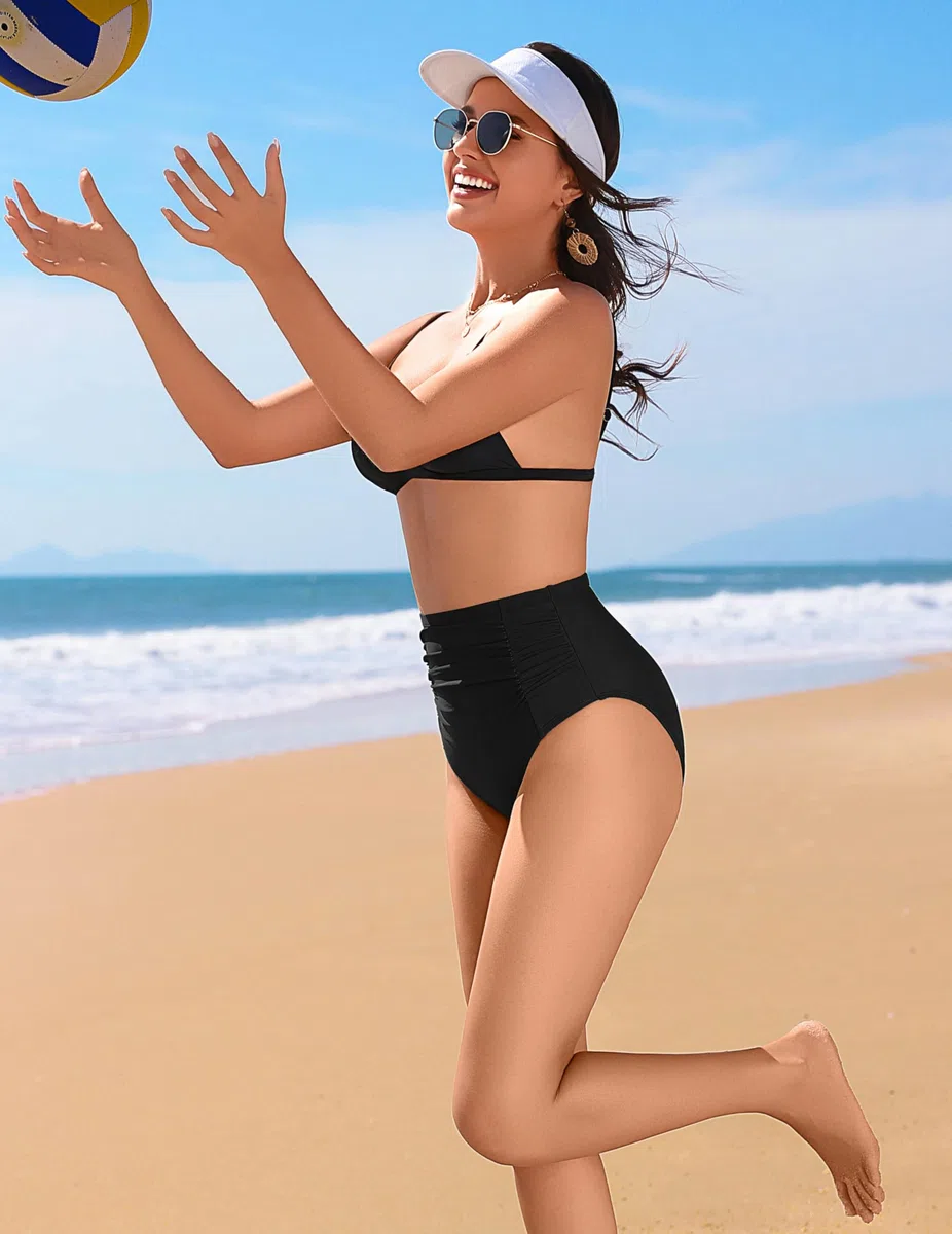 Ekouaer Bikinihose Damen High Waist Badeshorts Strandhose Raffung Badehose Bauchweg Bikini Unterteil Schwimmhose S-XXL