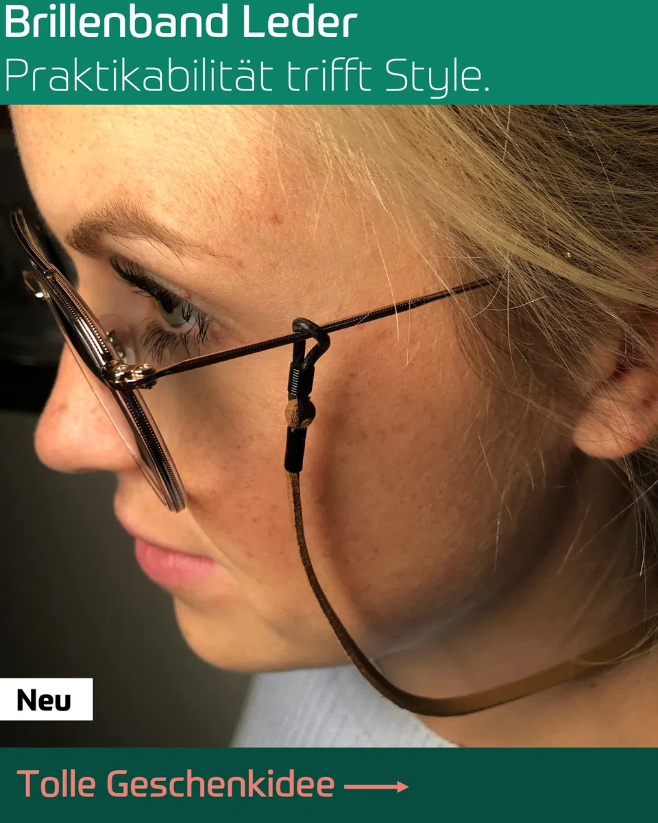 Madrid – hochwertiges Brillenband Leder- & Wildlederoptik - Unisex PU Brillenkordel für Sonnenbrillen & Lesebrillen – Band schwarz & hellbraun – Halterungen schwarz