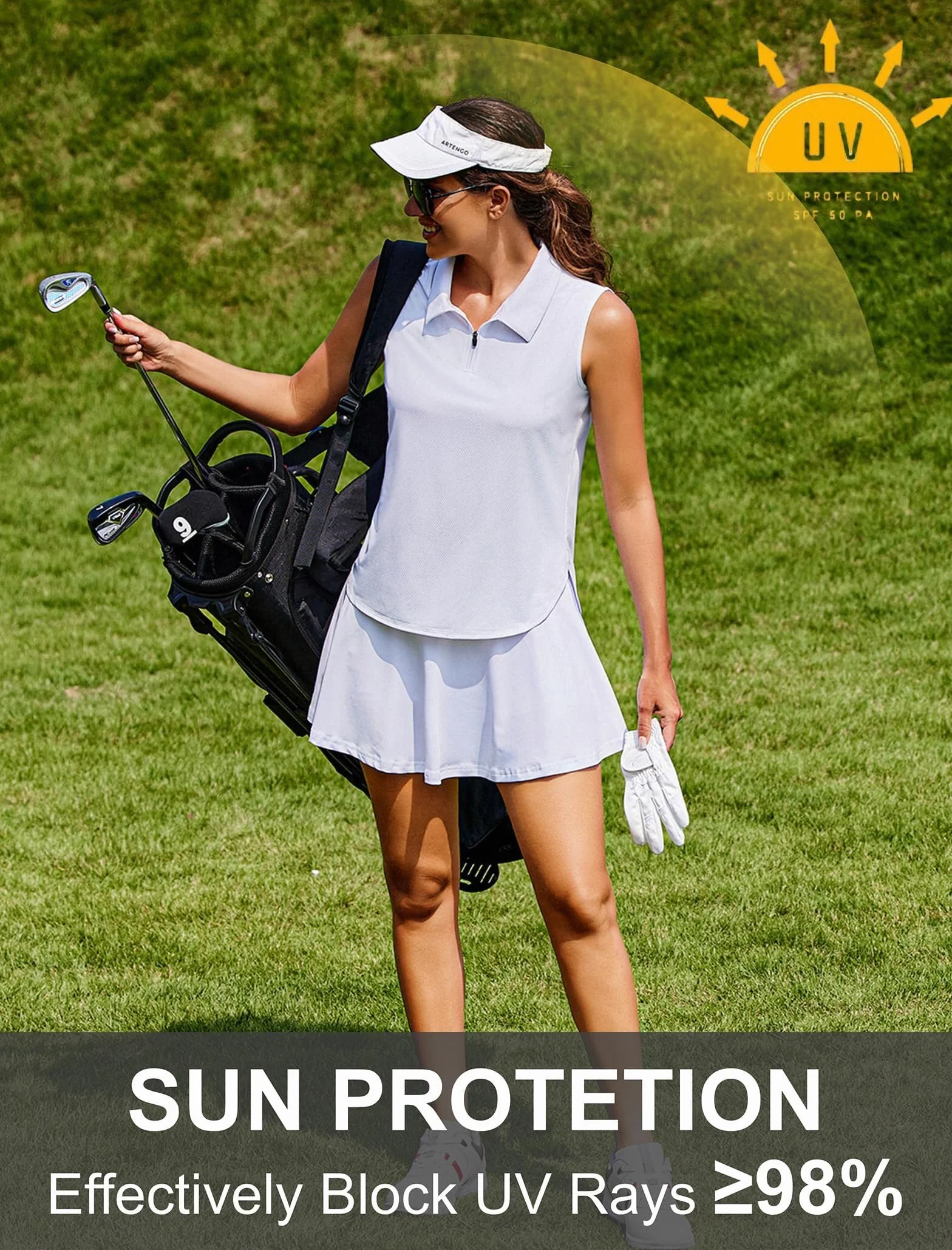PINSPARK Poloshirt Damen Ärmellos Sport Tank Top UPF 50+ UV Shirt Sommer Atmungsaktiv Golf Tennis Shirt Schnelltrocknend Gym Sport Top mit Reißverschluss