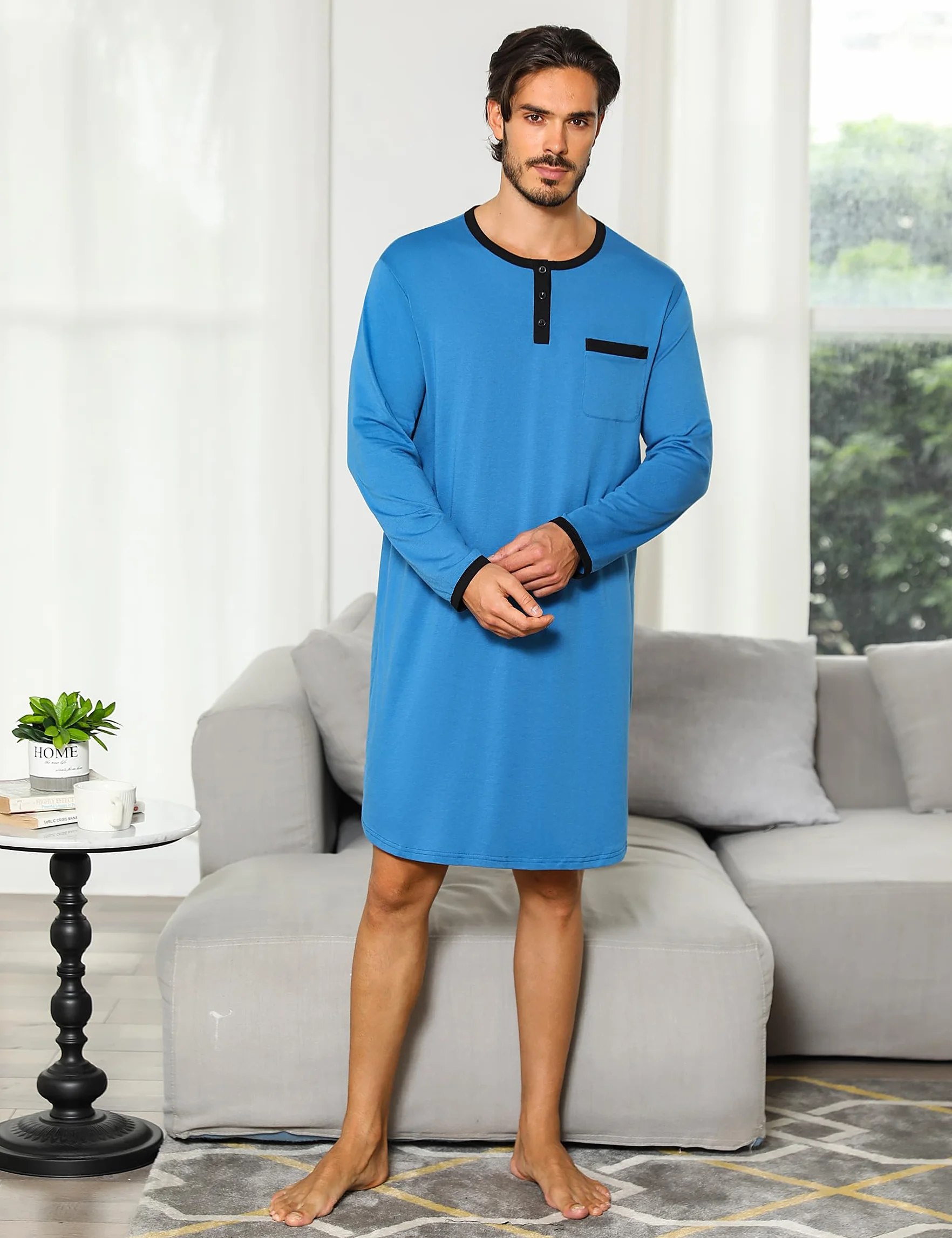 Uniexcosm Nachthemd Herren Langarm Einteiler Schlafshirt Rundhals Einteiliger Schlafanzugoberteile Pyjama Tops Bequem Nachtwäsche Sleepshirt mit Knopfleiste und Brusttasche