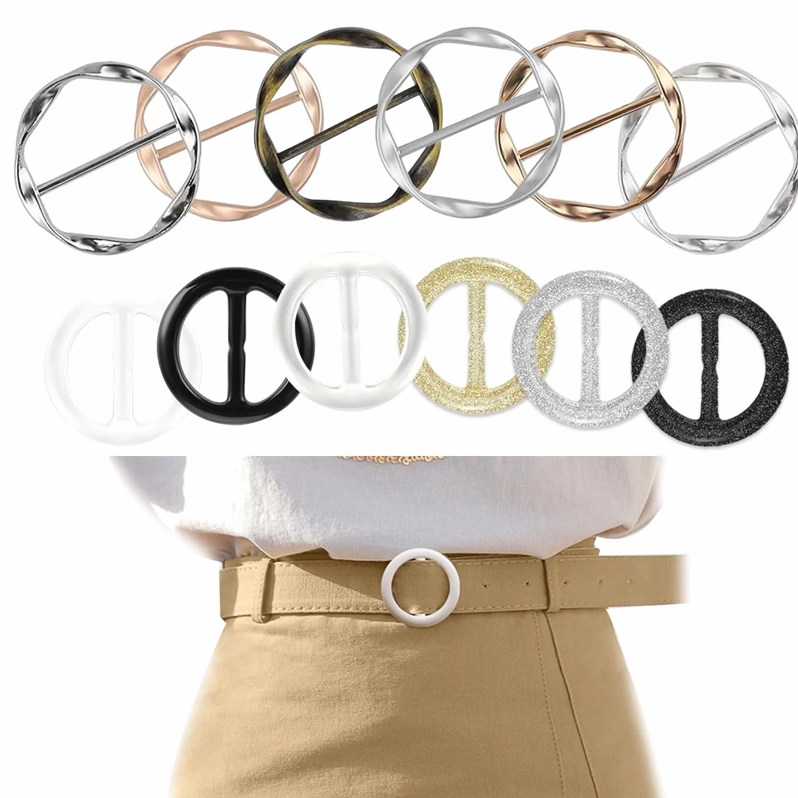 12 Stück Metallfaden Runde Shirt Clip Set, 2 Arten Verstellbare Shirt Clips, Geknotete Schnallen und Verschlüsse aus Harz, Gürtelschnalle Damen Schnalle für Hemd Pullover Kleid