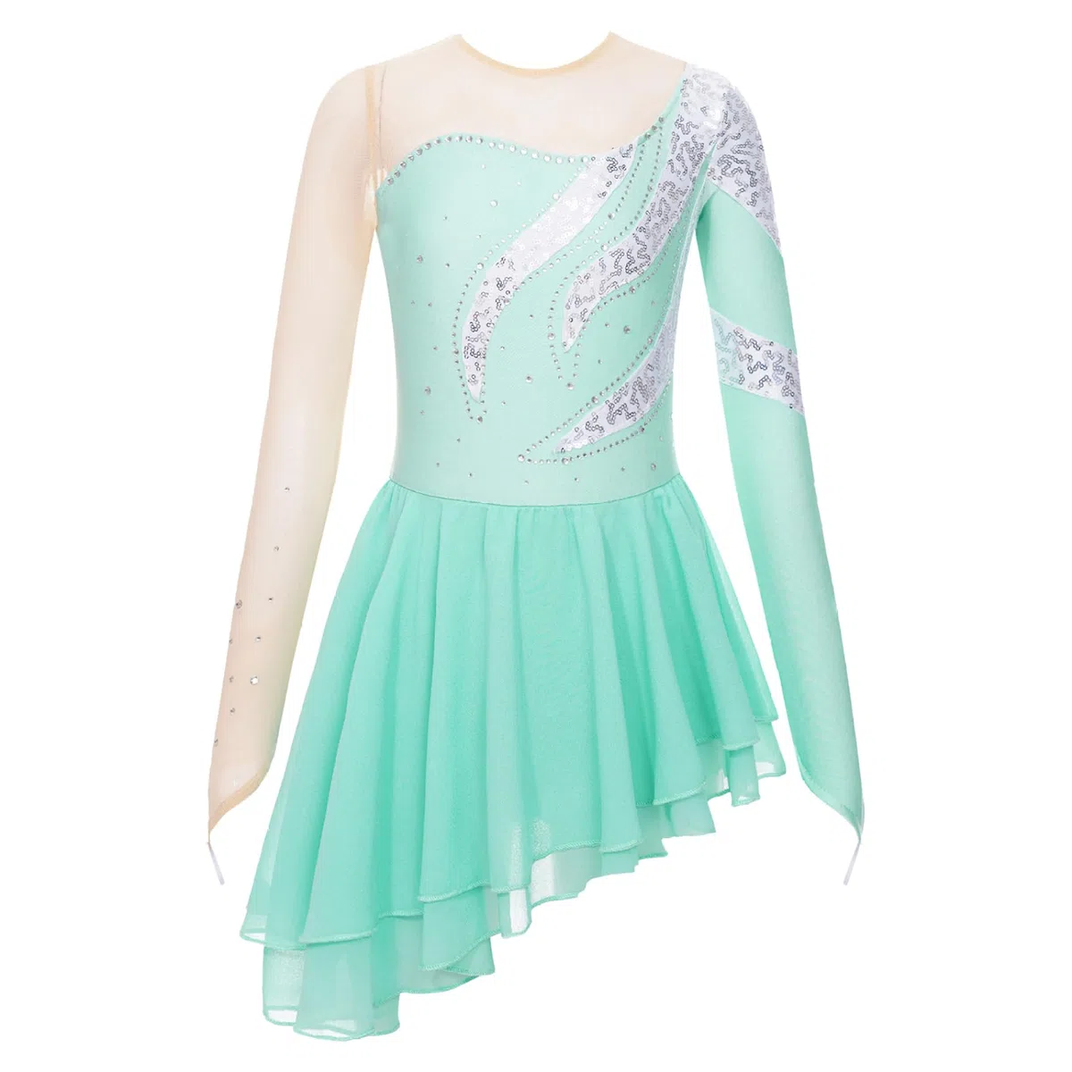 Mädchen Kind Kleid Eiskunstlauf Asymmetrisch Strass Glänzend Gymnastikanzug Tanz Kostüm Show Jahre