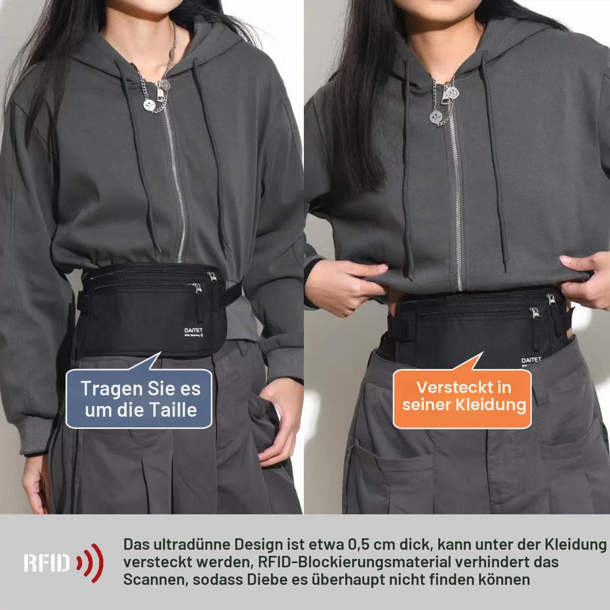 Geldgürtel für Damen und Herren,Die Bauchtasche zum Reisen Flach Mit RFID-Blocker Bauchtasche unter Kleidung tragbar
