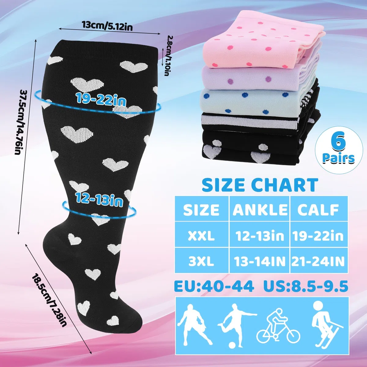 Utensilsto 6 Paare Kompressionsstrümpfe Damen Herren,Bunte Stützkniestrümpfe Kompressionssocken 15.2-23.8mmHg für Laufen, Sport, Flug, Reisen