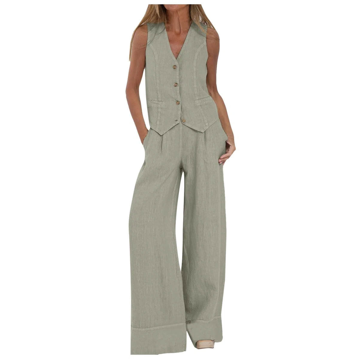Hosenanzug Damen Elegant,Business Leinen Anzug 2 Teiler Set Ärmellos Blazer Weste und Hosen Hohe Taille Festlich Zweiteiler Damen Sommer Outfits Festlich Anzug Frauen Baumwolle Freizeitanzug
