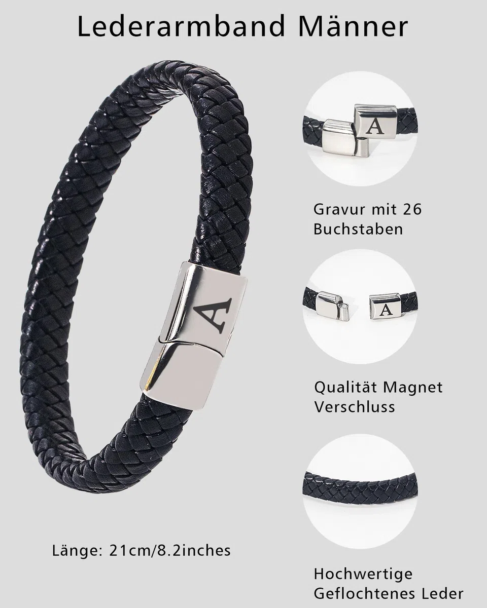 Lederarmband Herren Armband mit Buchstaben Gravur A-Z Buchstabe Armband Männer Schwarz Geflochten Leder Armbänder mit Magnetverschluss Vatertag Abitur Geburtstag Geschenke für Männer