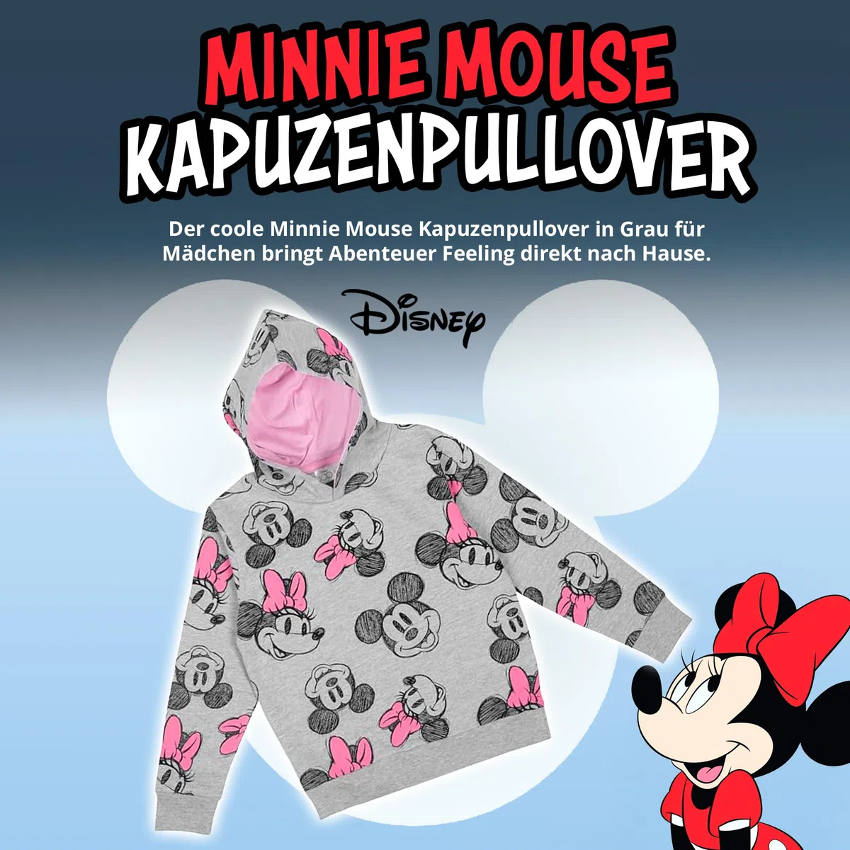 United Labels Disney Minnie Mouse Pullover mit Kapuze für Mädchen, Grau Rosa, Hoodie, Sweatshirt, Kapuzenpullover für Kinder